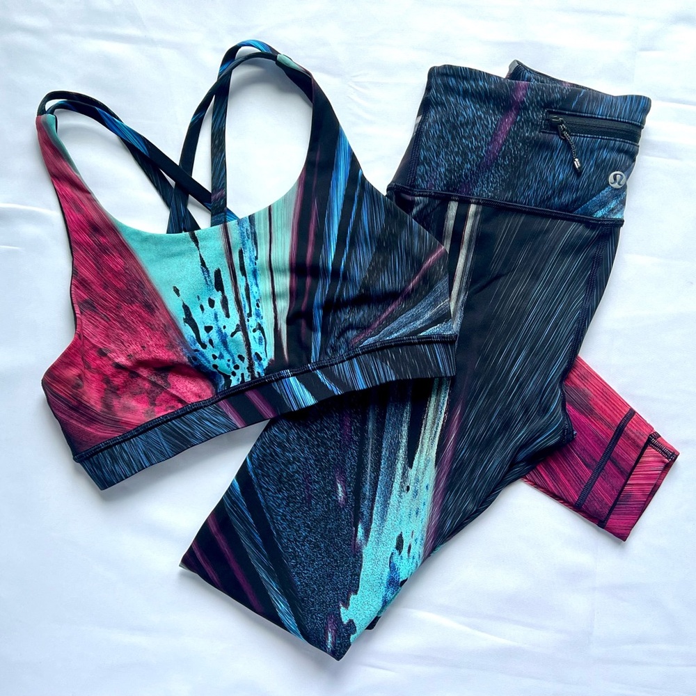 Lululemon Set WU Speed Legging & Matching Energy Bra Electrobeam Multi